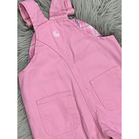 Carhartt Toddler Pink Size 6M Bib Overalls Plaid Design Strong Cotton Pockets - Picture 5 of 5